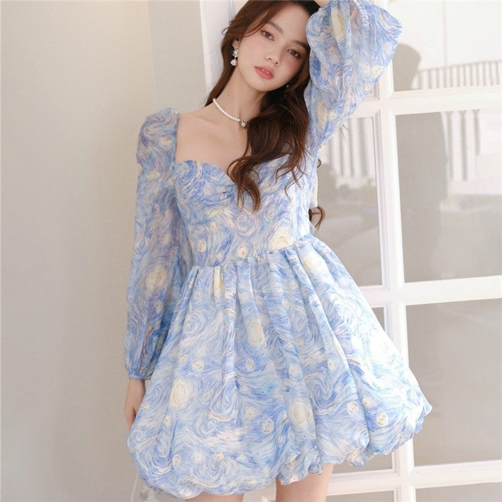 Blue Long Sleeve Sweetheart Dress for Wedding Guest